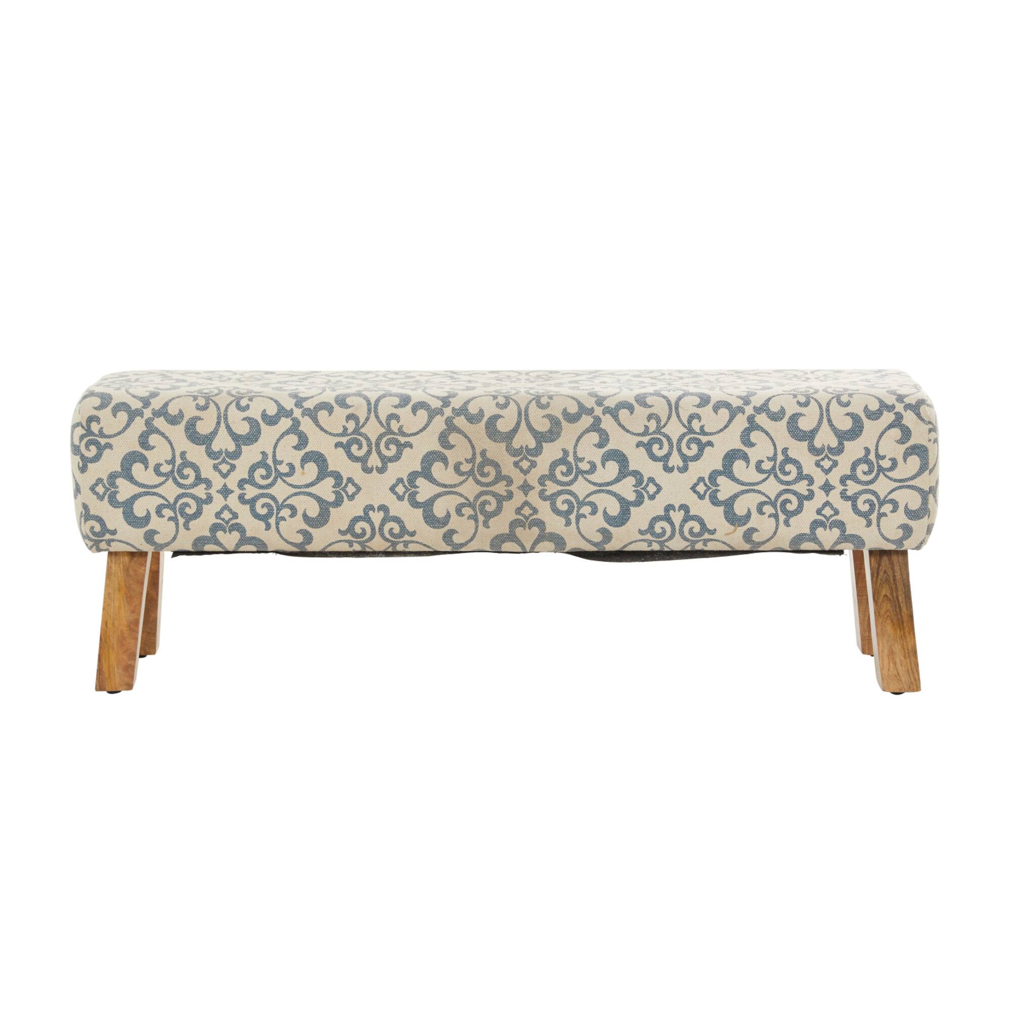 50" Cream Fabric Arabesque Scroll Bench with Wood Legs